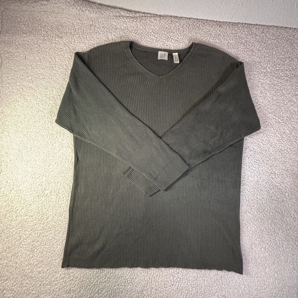Vintage GAP Sweater Mens Large Green V-Neck Ribbed Hong Kong Cotton 90s